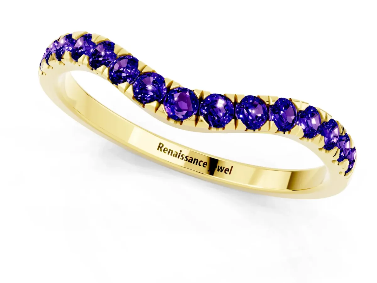 Curved Pavé Round Tanzanite Wedding Band with Shared Prong Setting Yellow gold