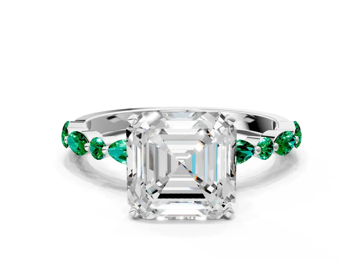 Asscher Cut Diamond Ring with Marquise and Round Emerald Side Stones and Four-Prong Setting Silver