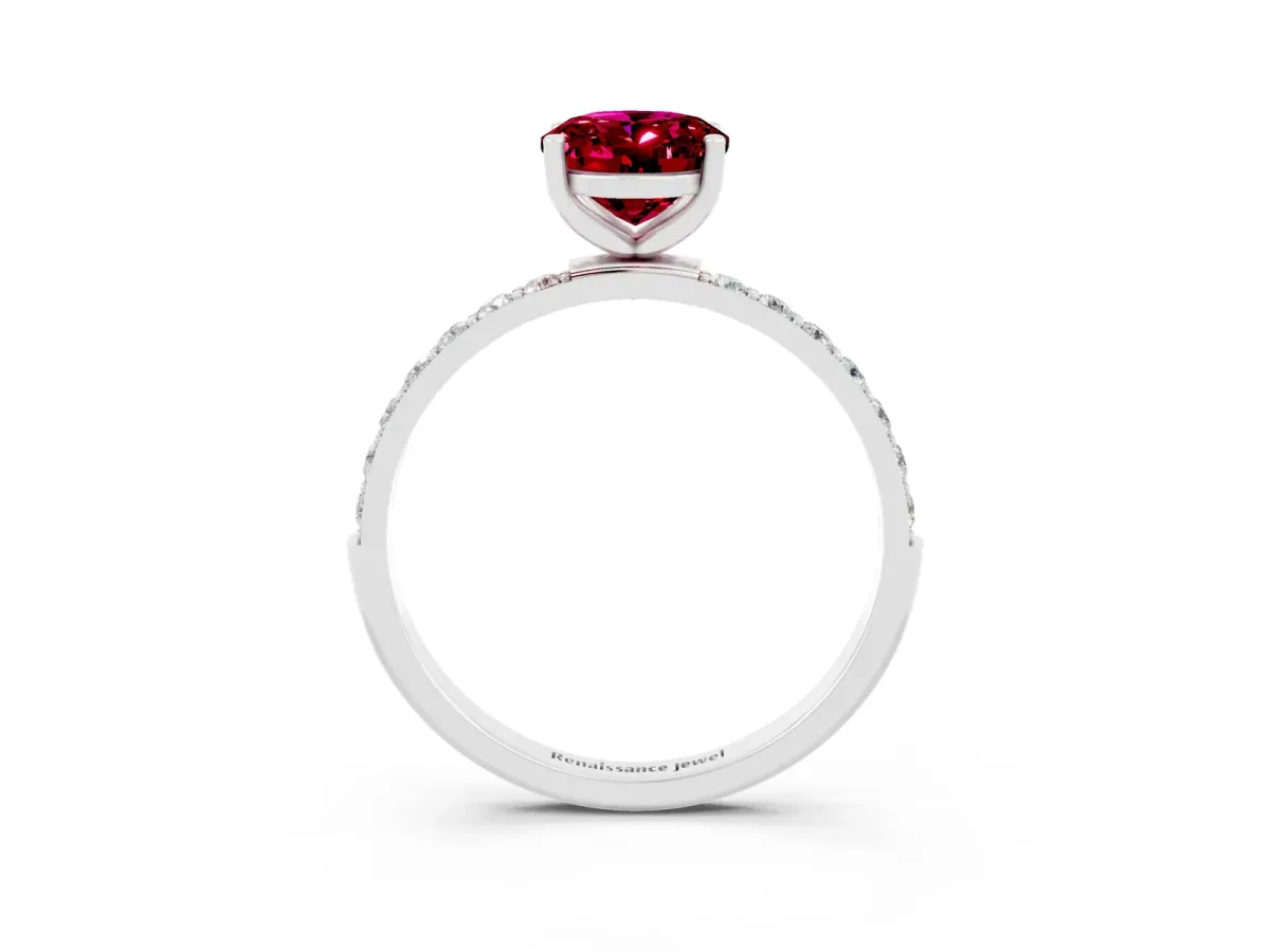 Oval Cut Garnet Solitaire Ring with Round Pavé Band and Prong Setting Platinum