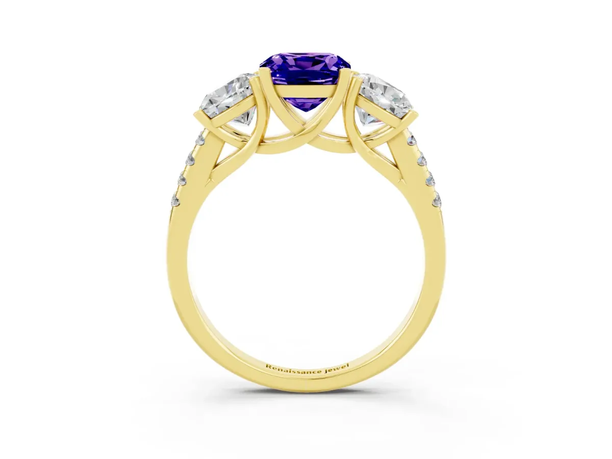 Three-Stone Cushion Cut Tanzanite Ring with Round Pavé Band and Prong Setting Yellow gold