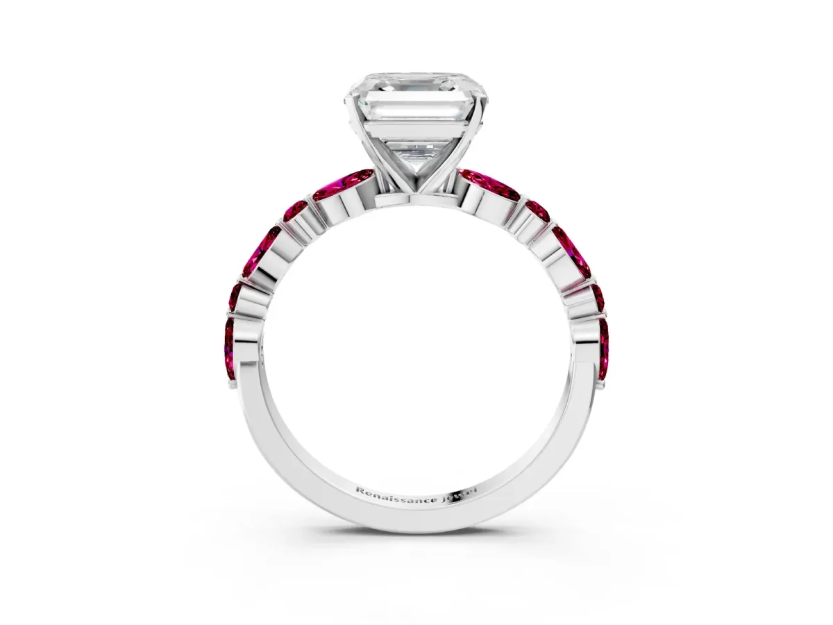 Asscher Cut Diamond Ring with Marquise and Round Garnet Side Stones and Four-Prong Setting Platinum