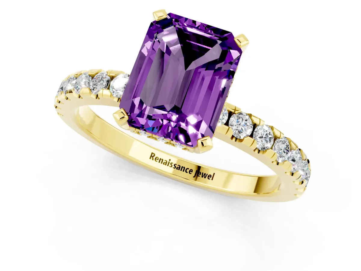 Emerald Cut Amethyst Solitaire Ring with Round Pavé Band and Four-Prong Setting Yellow gold