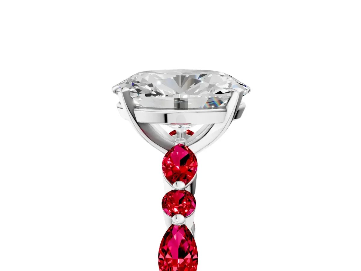 Oval Cut Diamond Ring with Marquise and Round Ruby Side Stones and Four-Prong Setting Silver