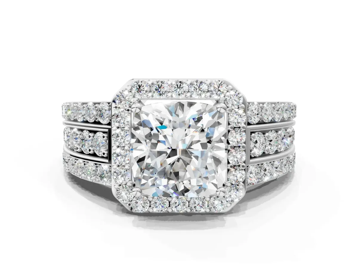 Cushion Cut Halo Diamond Ring with Round Moissanite Split Shank and Prong Setting White gold