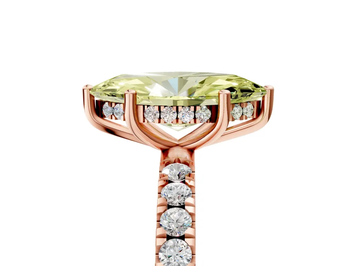 Fancy Yellow Marquise Cut Diamond Pave Band Solitaire Ring with Round and Prong Setting Rose gold