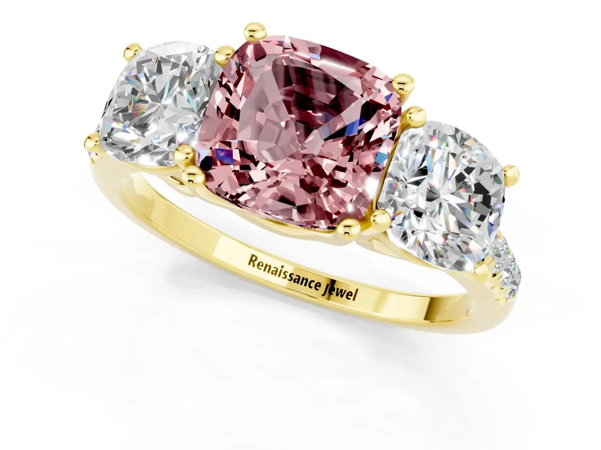 Three-Stone Cushion Cut Morganite Ring with Round Pavé Band and Prong Setting Yellow gold