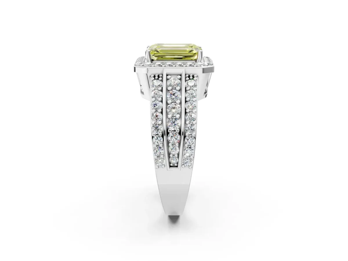 Fancy Yellow Emerald Cut Halo Diamond Ring with Round Split Shank and Prong Setting Silver