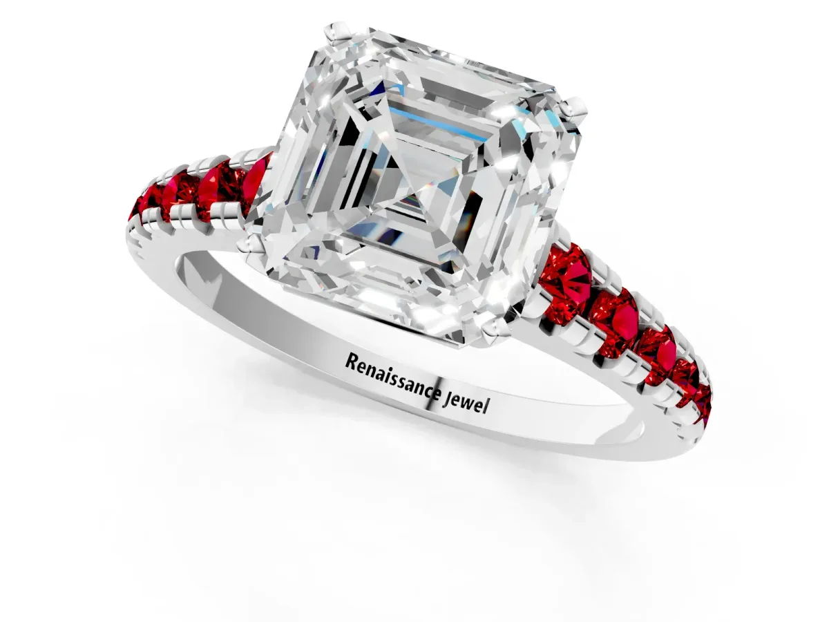 Asscher Cut Diamond Cathedral Solitaire Ring with Round Ruby Pavé Band White gold