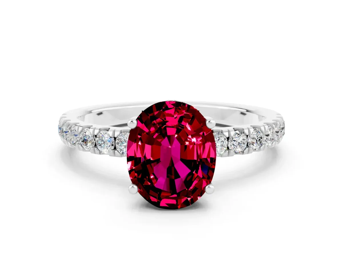 Oval Cut Garnet Pave Band Solitaire Ring with Round and Prong Setting White gold