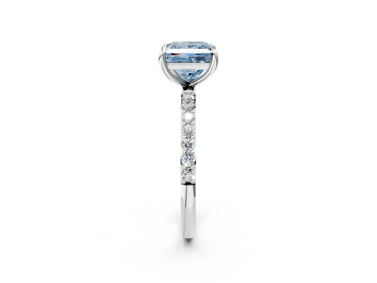 Fancy Blue Princess Cut Diamond Solitaire Ring with Round Pavé Band and Prong Setting White gold