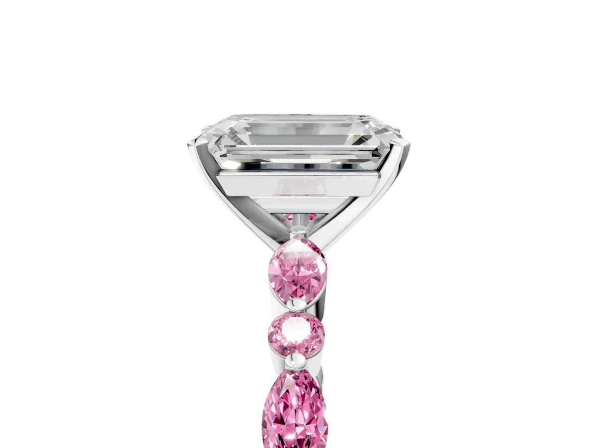 Emerald Cut Diamond Ring with Marquise and Round Pink Sapphire Side Stones and Four-Prong Setting Silver