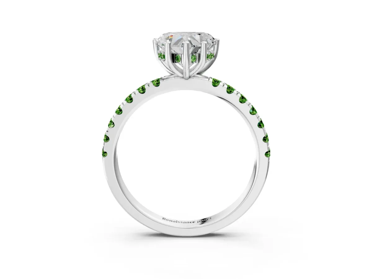 Heart Cut Diamond Pave Band Solitaire Ring with Round Peridot and Prong Setting Platinum