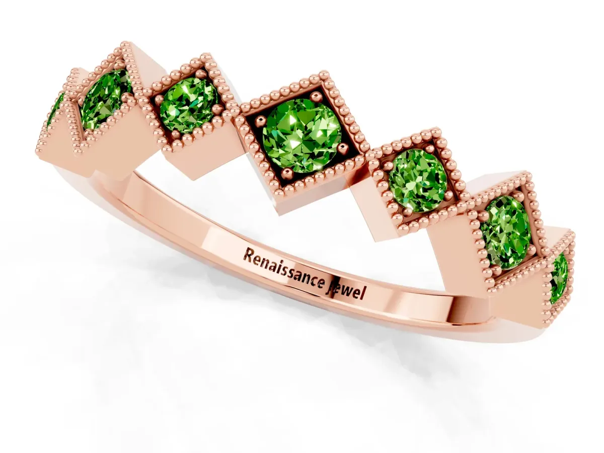 Milgrain Square Bezel Round Peridot Chevron Band Rose gold