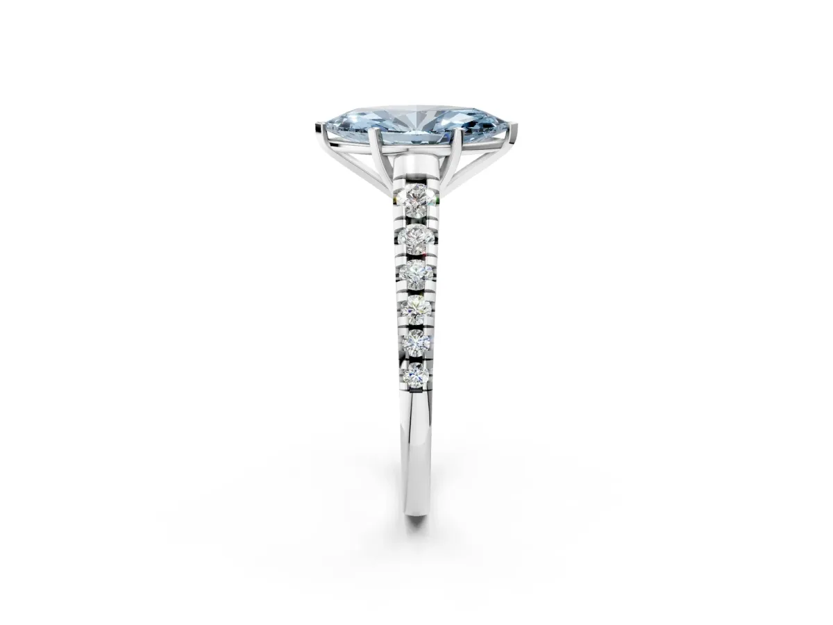 Fancy Blue Marquise Cut Diamond Cathedral Solitaire Ring with Round Pavé Band Platinum