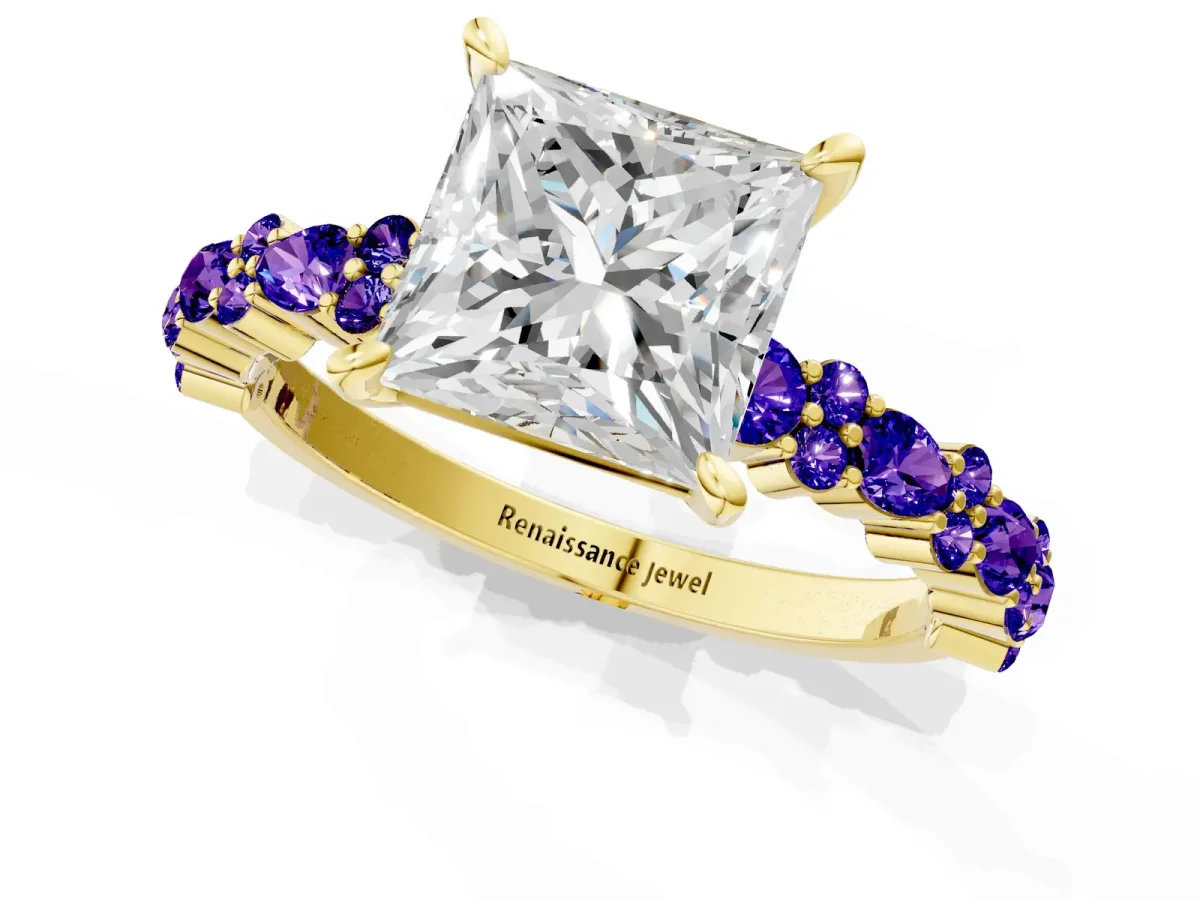 Princess Cut Diamond Side Stone Solitaire Ring with Round Tanzanite and Four-Prong Setting Yellow gold
