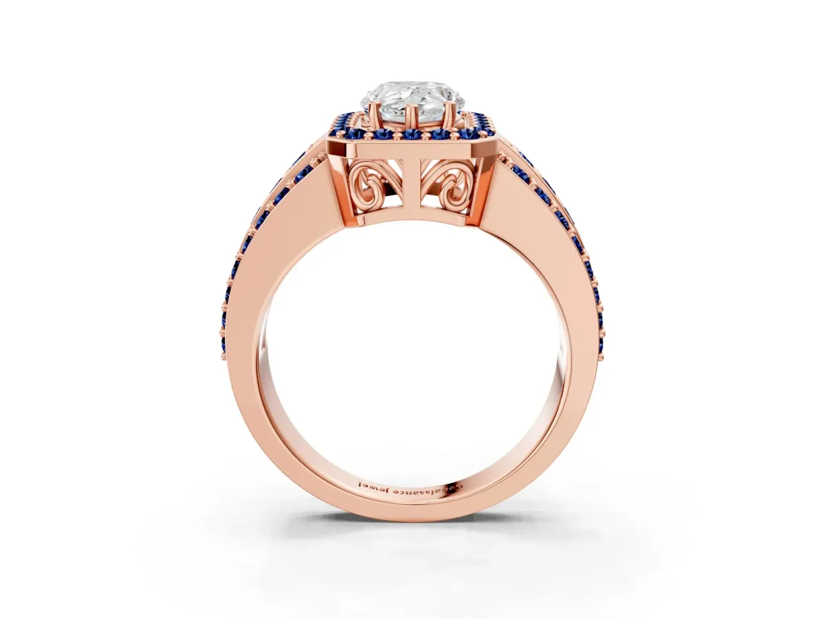 Pear Cut Halo Diamond Ring with Round Blue Sapphire Split Shank and Prong Setting Rose gold