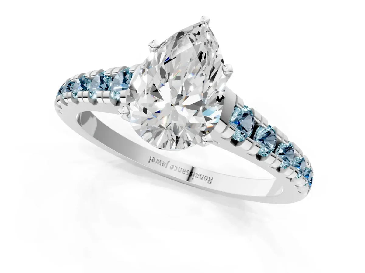 Pear Cut Diamond Cathedral Solitaire Ring with Round Aquamarine Pavé Band Platinum