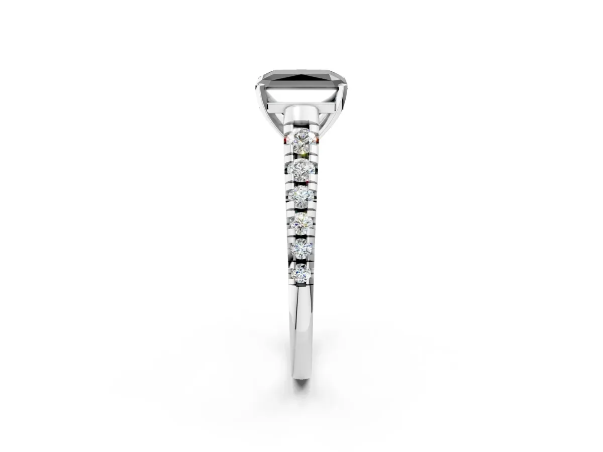 Fancy Black Radiant Cut Diamond Cathedral Solitaire Ring with Round Pavé Band Silver