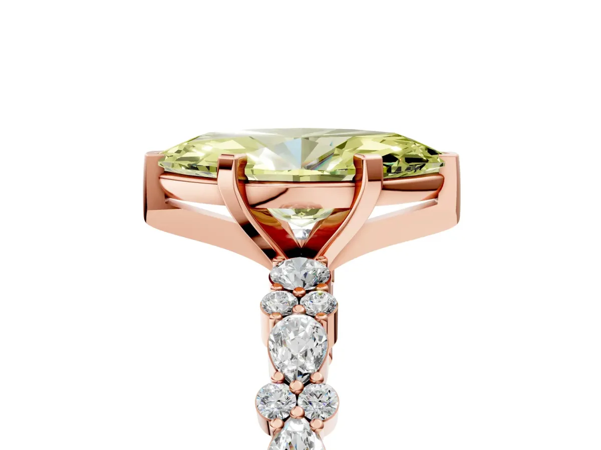 Fancy Yellow Marquise Cut Diamond Side Stone Solitaire Ring with Round and Four-Prong Setting Rose gold