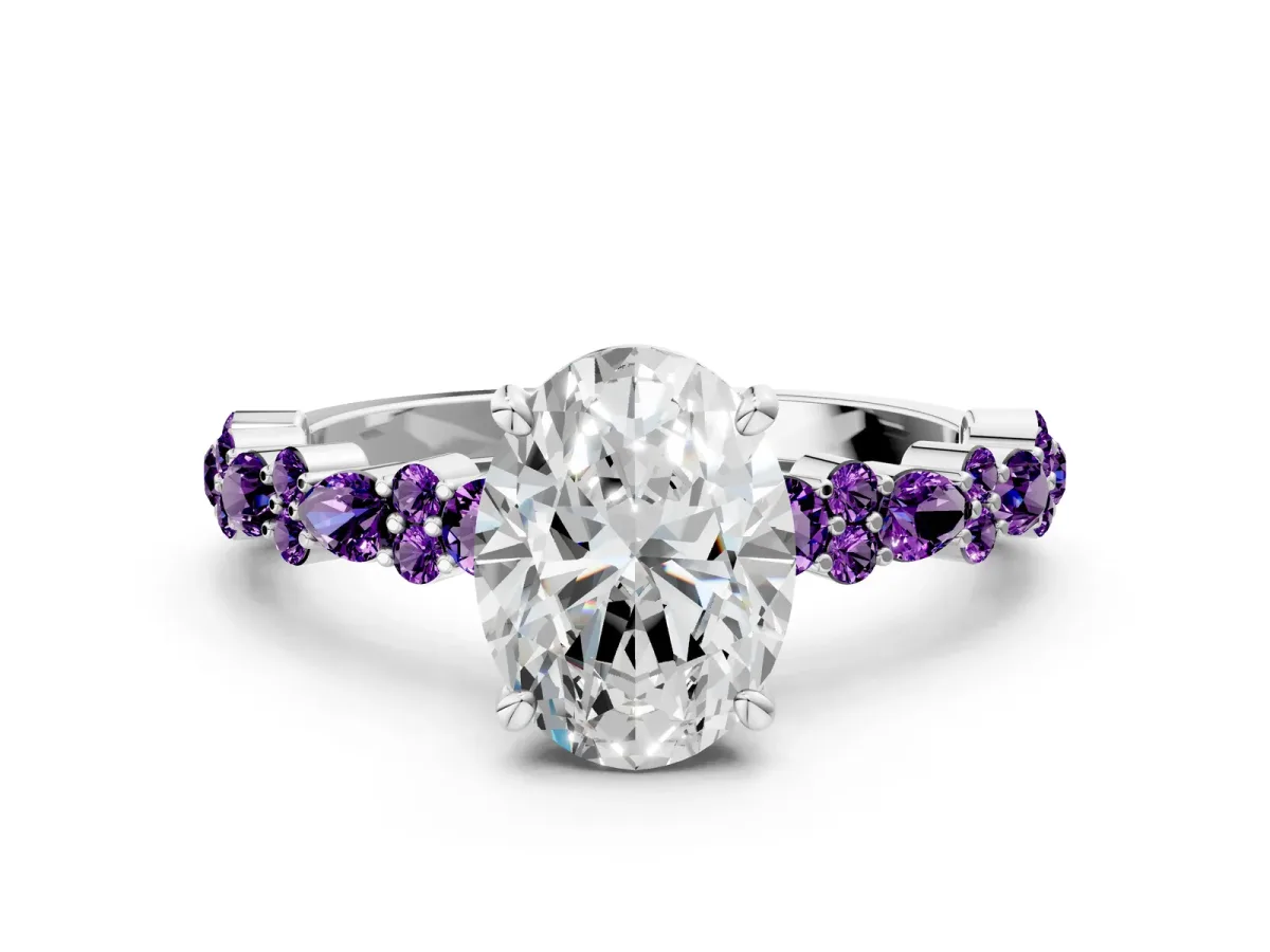 Oval Cut Diamond Side Stone Solitaire Ring with Round Amethyst and Four-Prong Setting Silver
