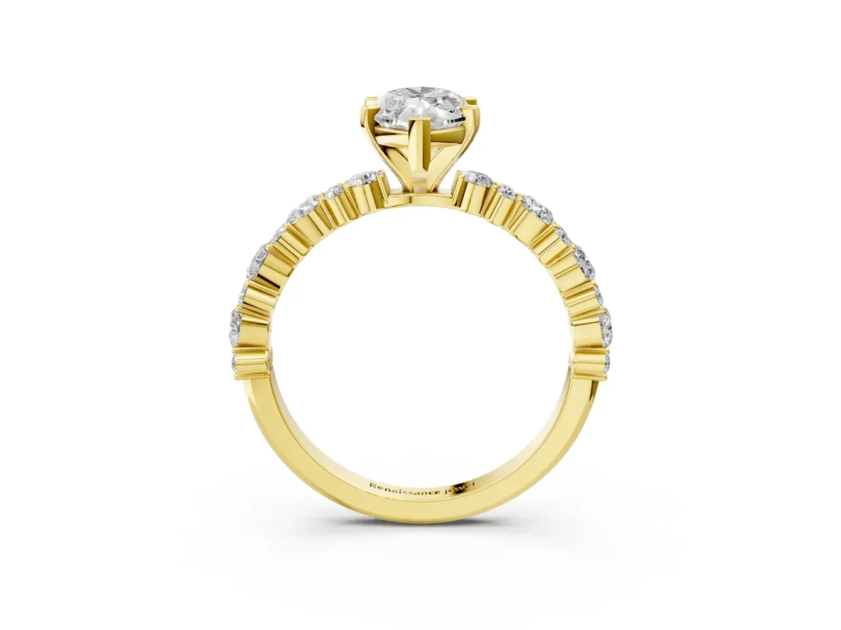 Marquise Cut Diamond Side Stone Solitaire Ring with Round and Four-Prong Setting Yellow gold