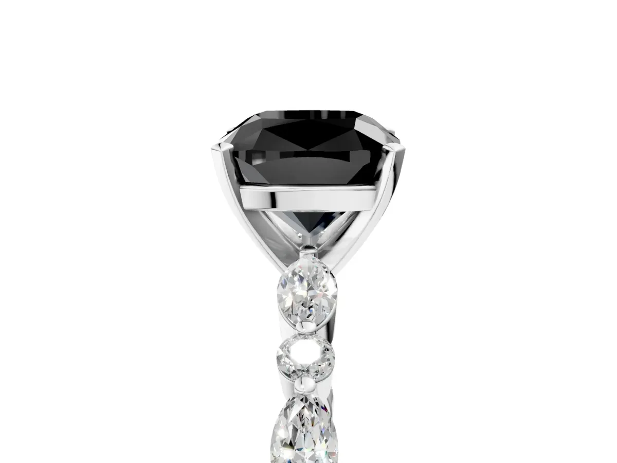 Fancy Black Cushion Cut Diamond Ring with Marquise and Round Side Stones and Four-Prong Setting Silver
