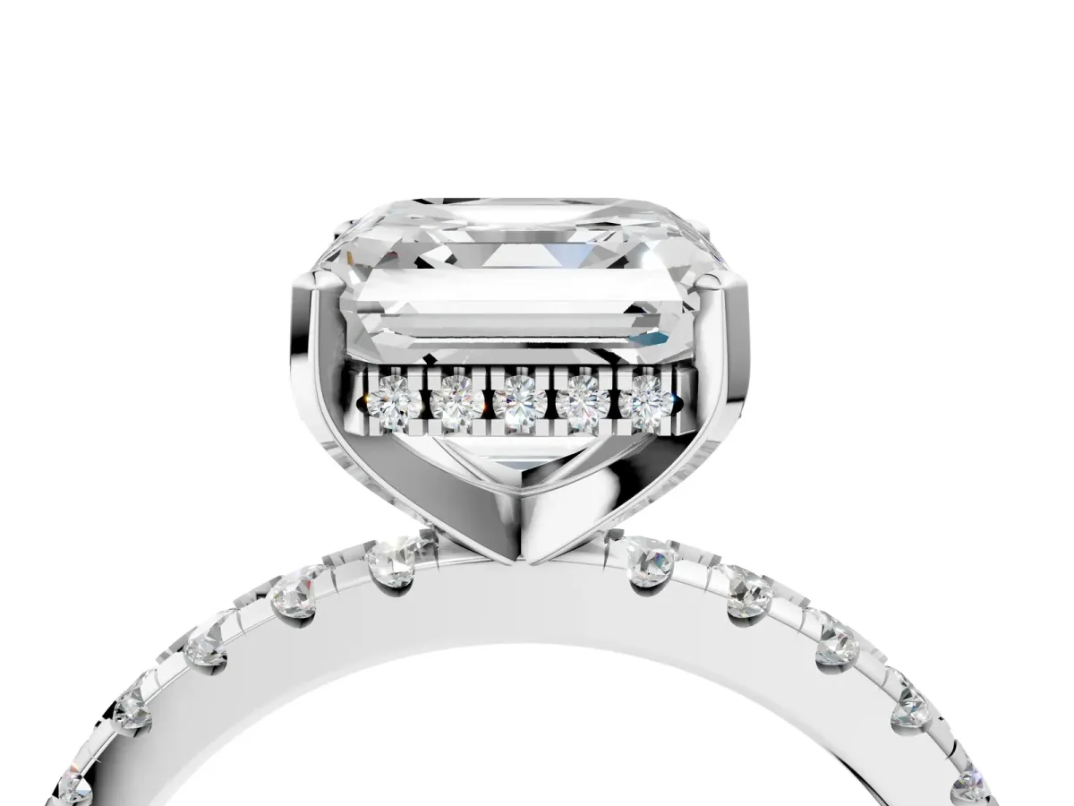 Asscher Cut Diamond Solitaire Ring with Round Pavé Band and Four-Prong Setting Platinum