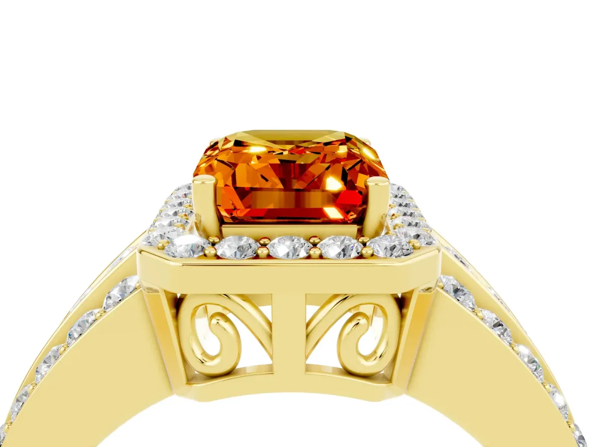 Emerald Cut Halo Citrine Ring with Round Split Shank and Prong Setting Yellow gold