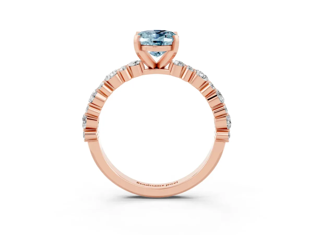 Oval Cut Aquamarine Side Stone Solitaire Ring with Round and Four-Prong Setting Rose gold