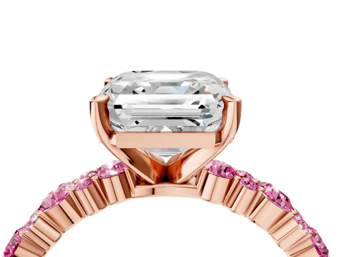 Asscher Cut Diamond Side Stone Solitaire Ring with Round Pink Sapphire and Four-Prong Setting Rose gold