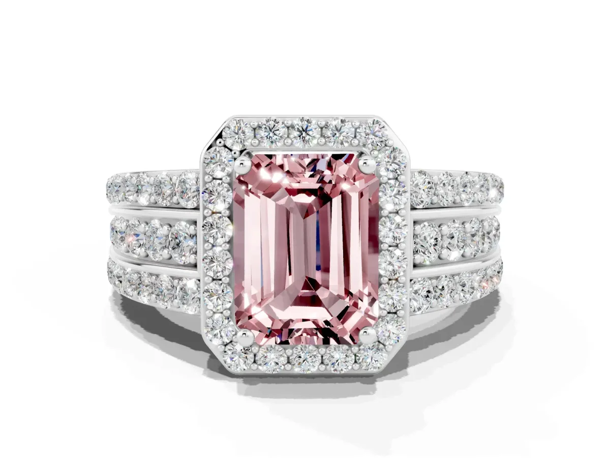 Emerald Cut Halo Morganite Ring with Round Split Shank and Prong Setting White gold
