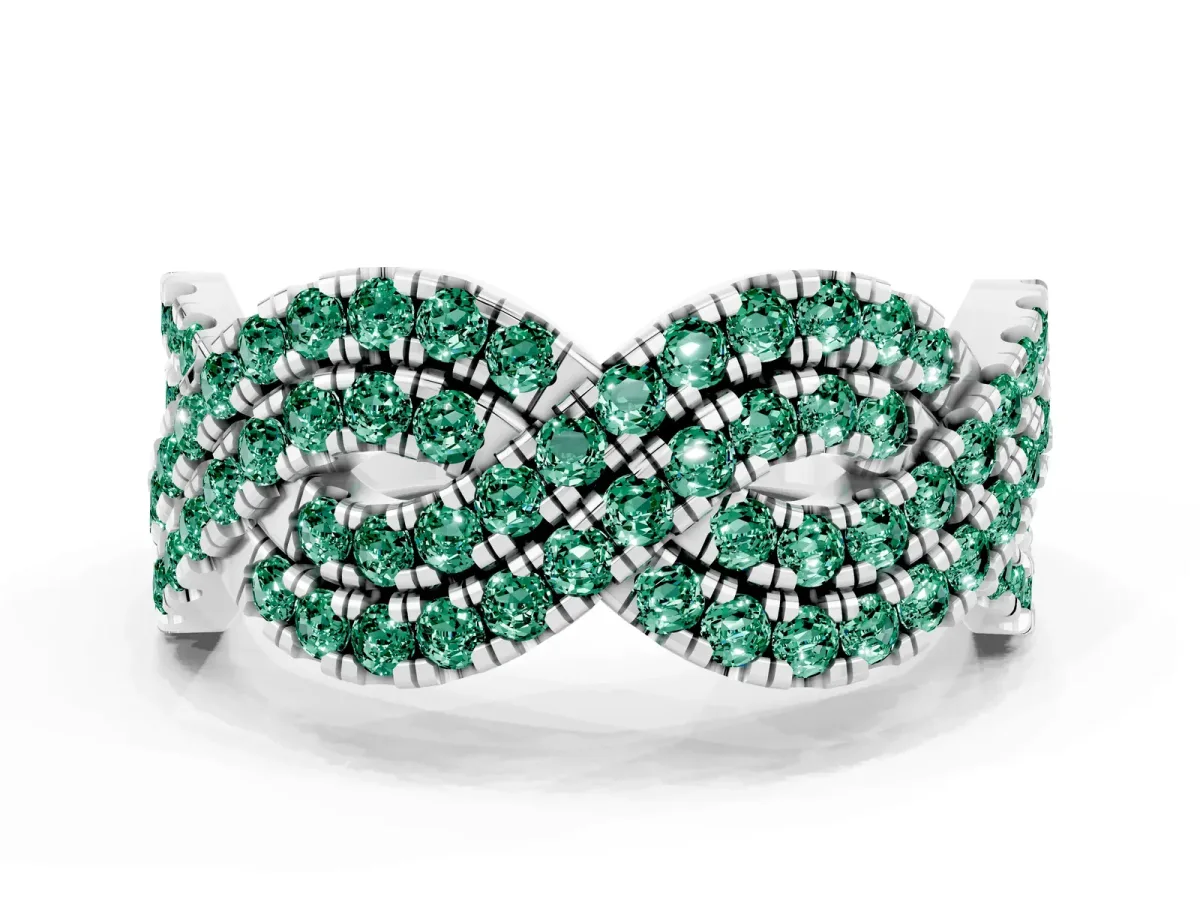 Pavé Round Green Sapphire Infinity Twist Band with Shared Prong Setting Silver