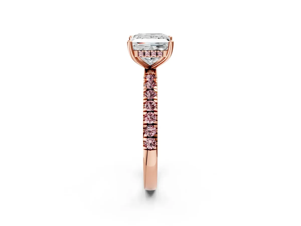 Princess Cut Diamond Pave Band Solitaire Ring with Round Morganite and Prong Setting Rose gold