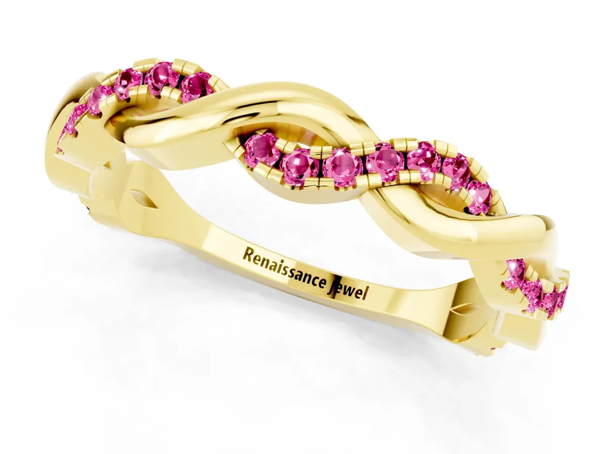 Round Pink Sapphire Twist Eternity Band with Pavé Setting Yellow gold
