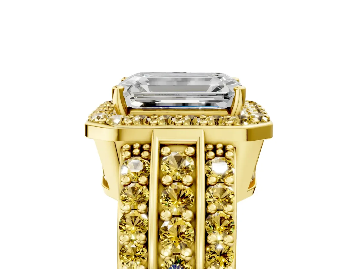 Emerald Cut Halo Diamond Ring with Round Yellow Sapphire Split Shank and Prong Setting Yellow gold