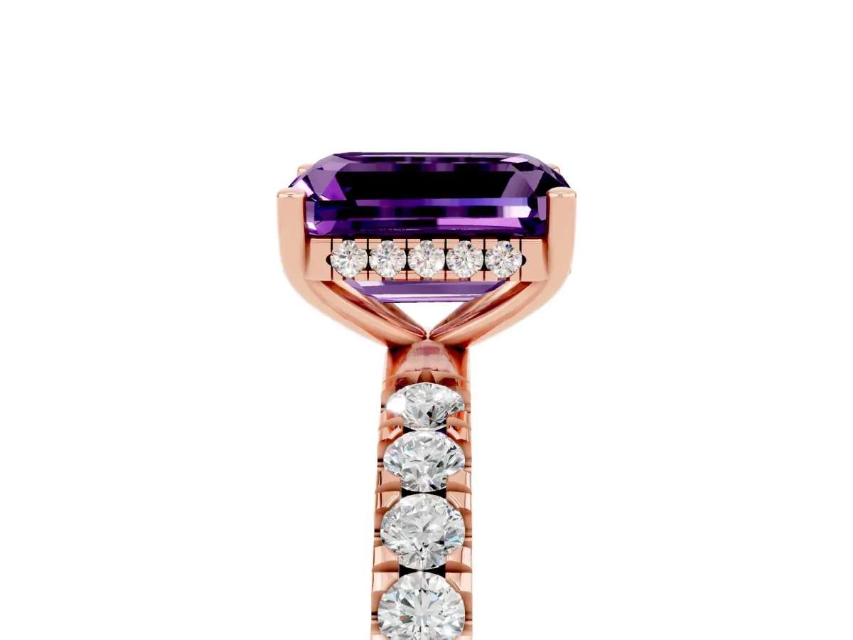 Emerald Cut Amethyst Pave Band Solitaire Ring with Round and Prong Setting Rose gold