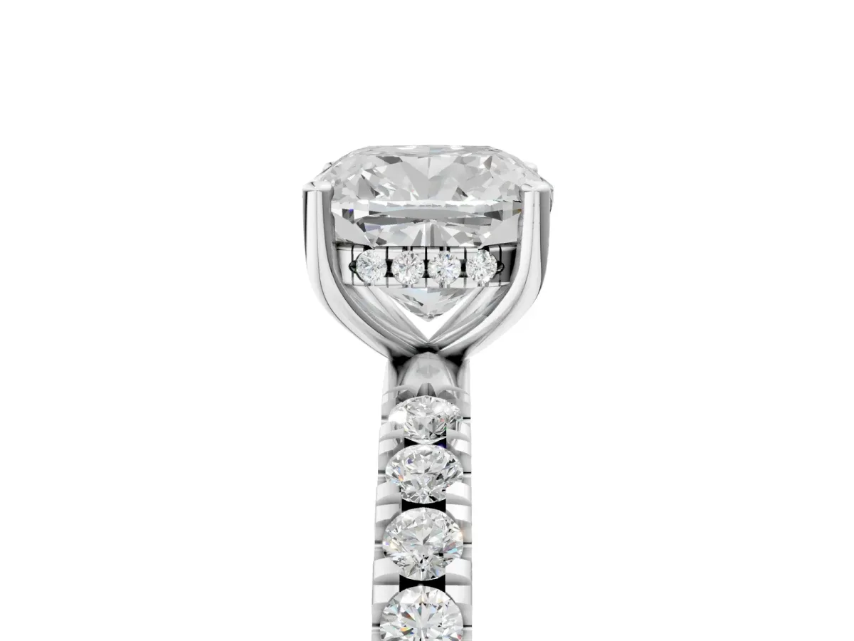 Cushion Cut Diamond Pave Band Solitaire Ring with Round Moissanite and Prong Setting Platinum