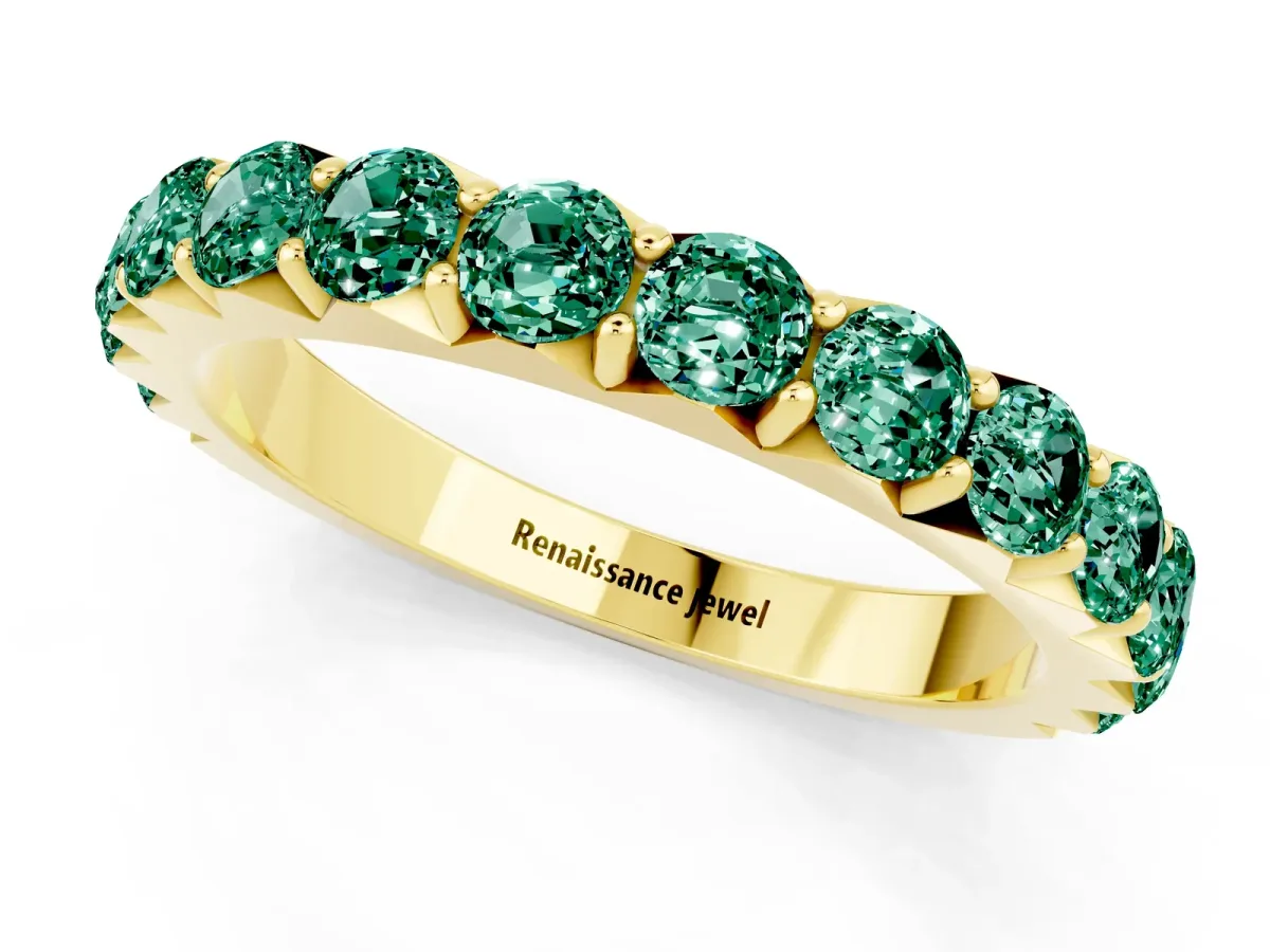 Round Green Sapphire Half Eternity Band with Classic Prong Setting Yellow gold