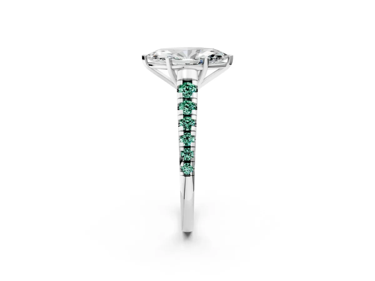 Marquise Cut Diamond Cathedral Solitaire Ring with Round Green Sapphire Pavé Band Silver