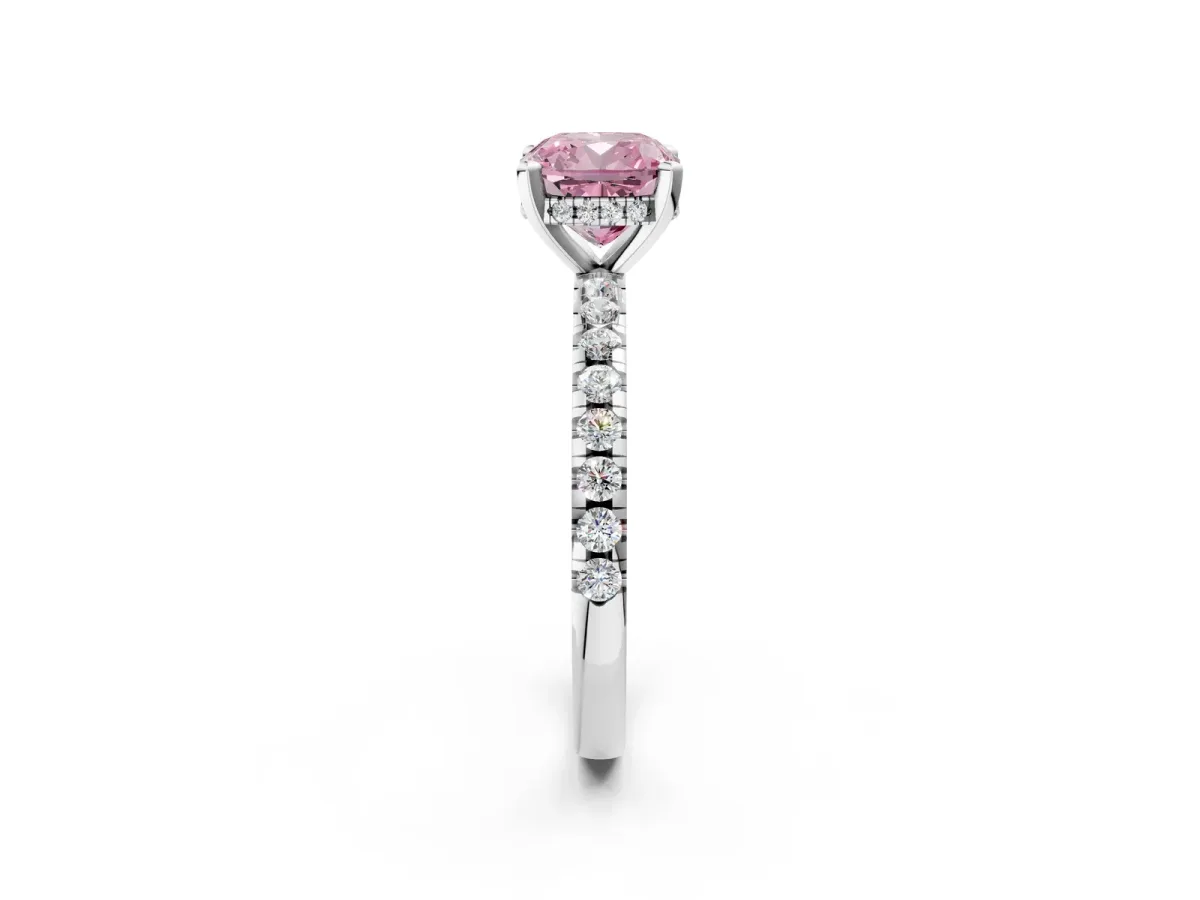 Fancy Pink Cushion Cut Diamond Solitaire Ring with Round Pavé Band and Four-Prong Setting Platinum