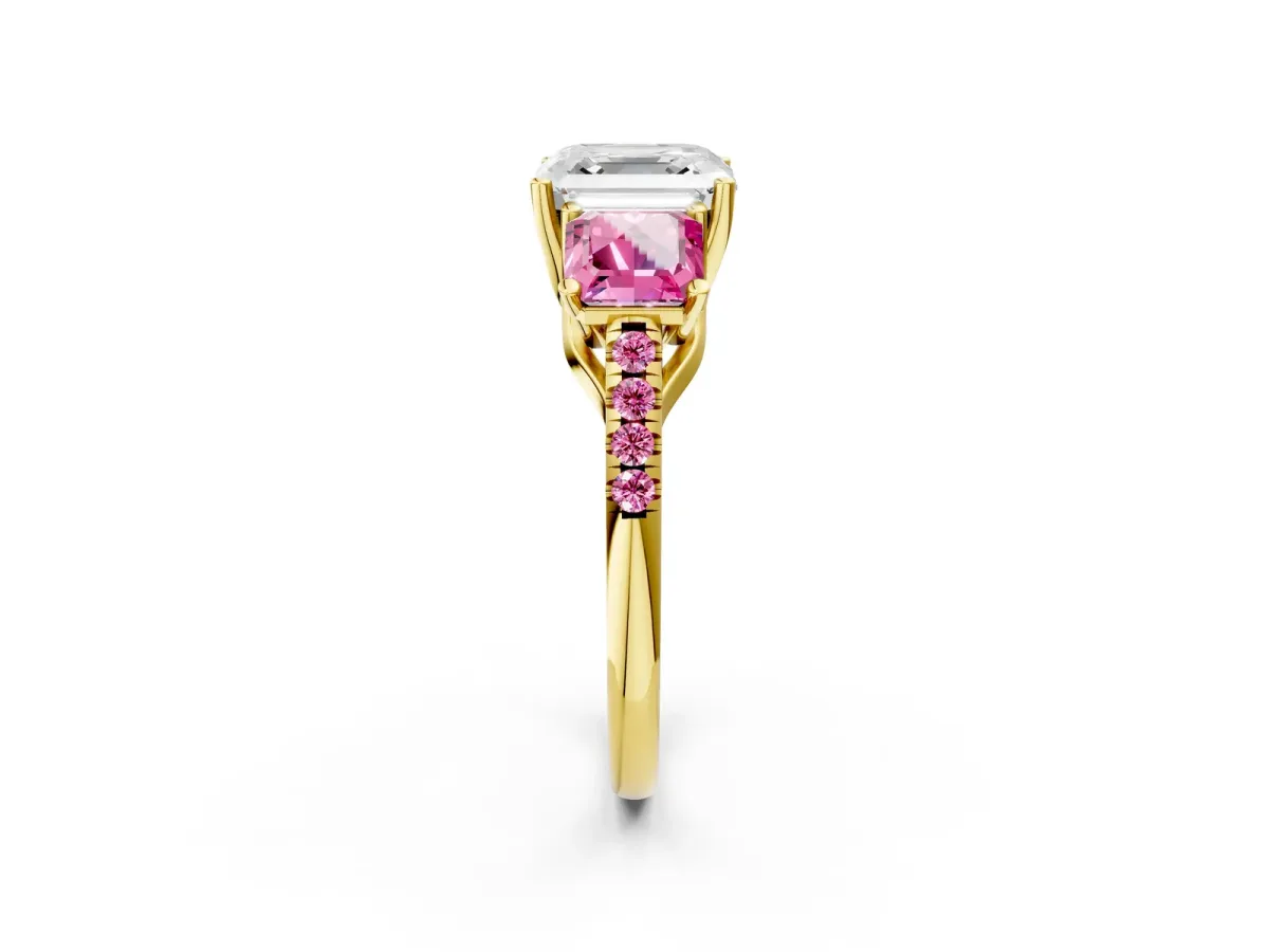 Three-Stone Asscher Cut Diamond Ring with Round Pink Sapphire Pavé Band and Prong Setting Yellow gold