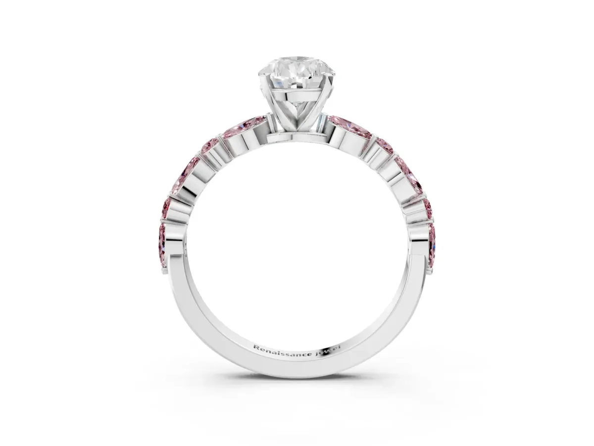 Pear Cut Diamond Ring with Marquise and Round Morganite Side Stones and Four-Prong Setting Silver