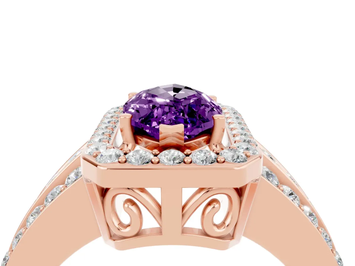 Marquise Cut Halo Amethyst Ring with Round Split Shank and Prong Setting Rose gold