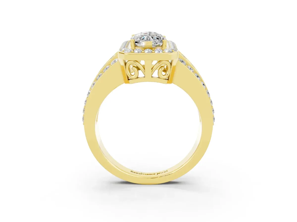 Marquise Cut Halo Moissanite Ring with Round Split Shank and Prong Setting Yellow gold