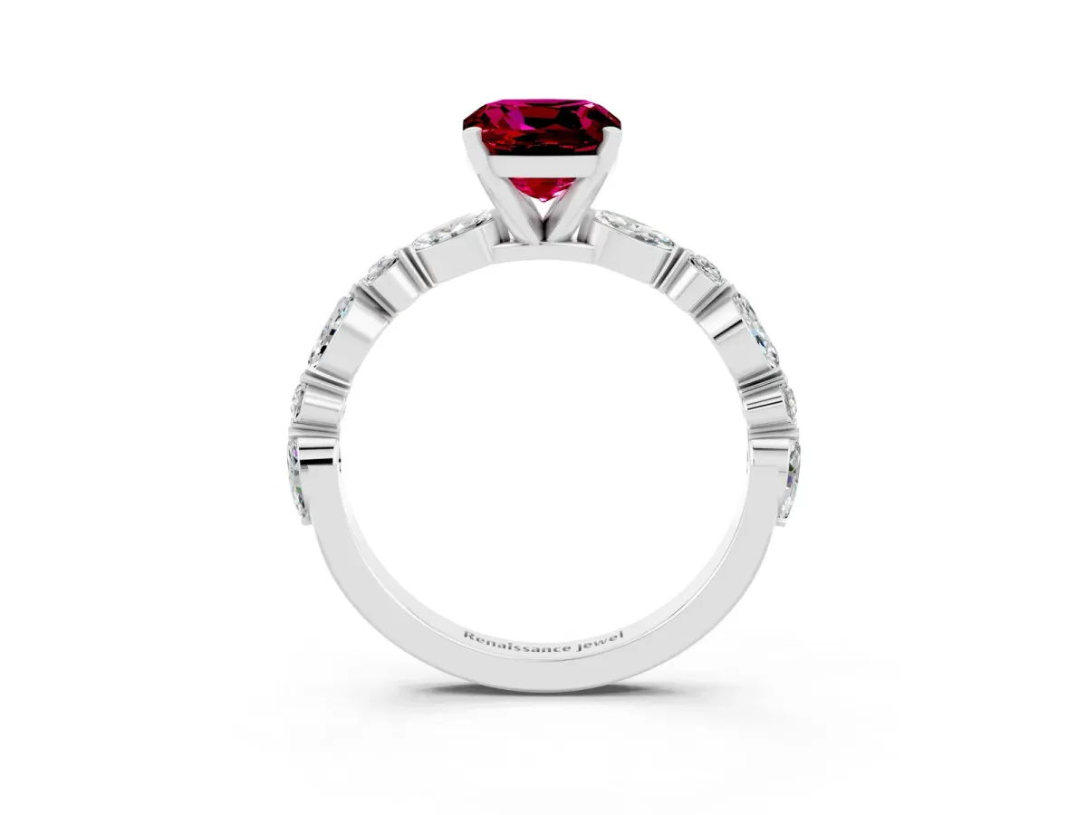 Cushion Cut Garnet Ring with Marquise and Round Side Stones and Four-Prong Setting Platinum