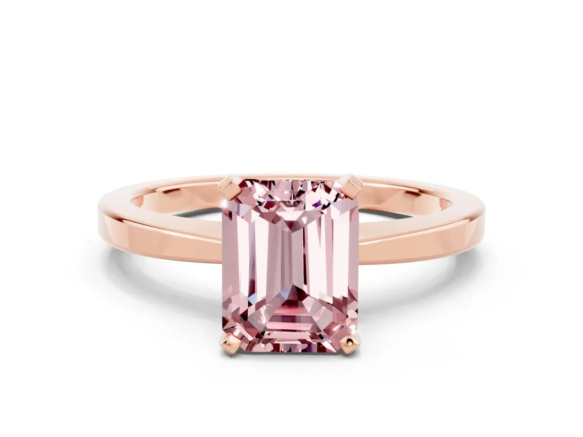 Emerald Cut Morganite Solitaire Engagement Ring with Classic Band and Four-Prong Setting Rose gold