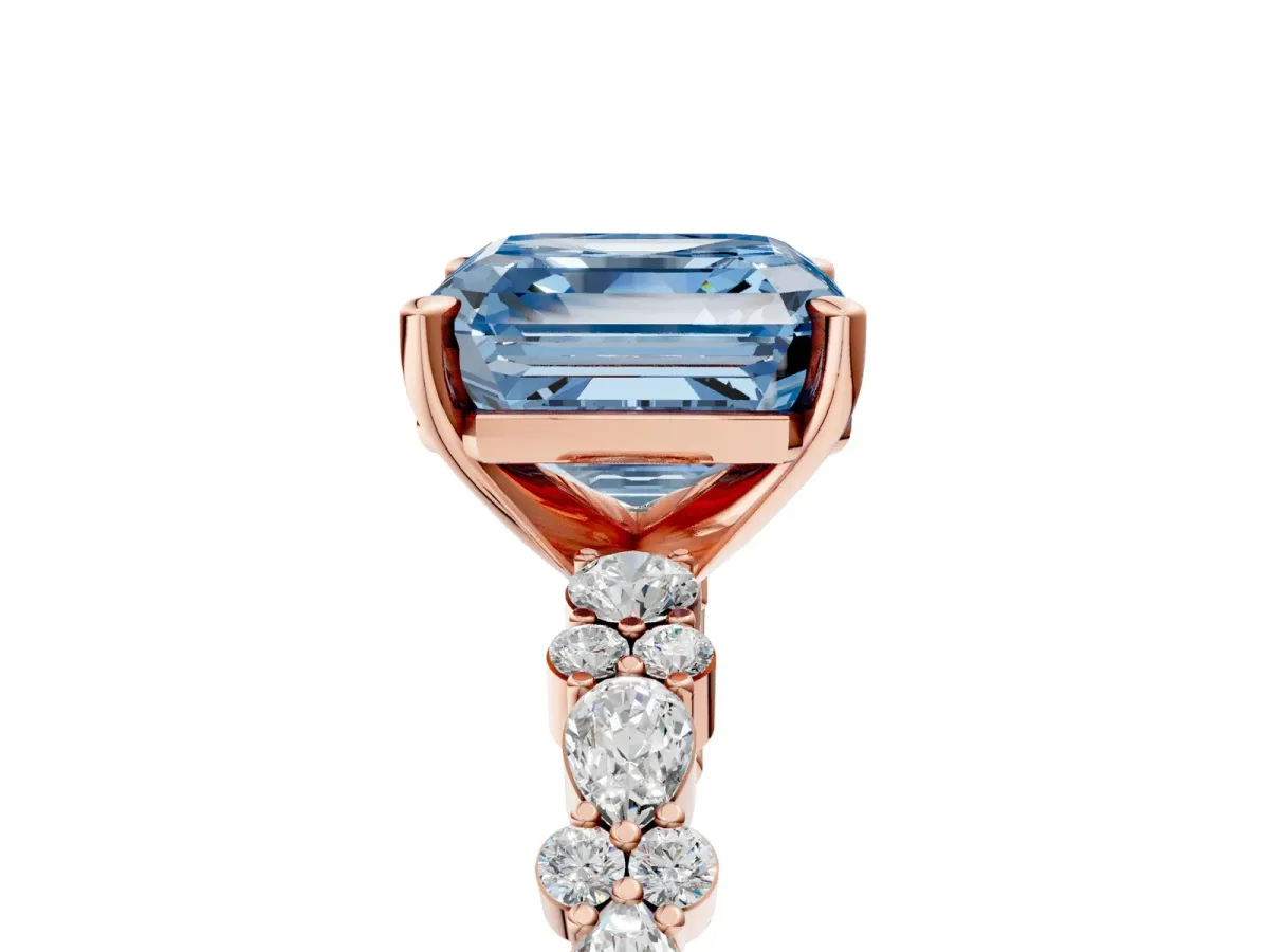 Fancy Blue Asscher Cut Diamond Side Stone Solitaire Ring with Round and Four-Prong Setting Rose gold