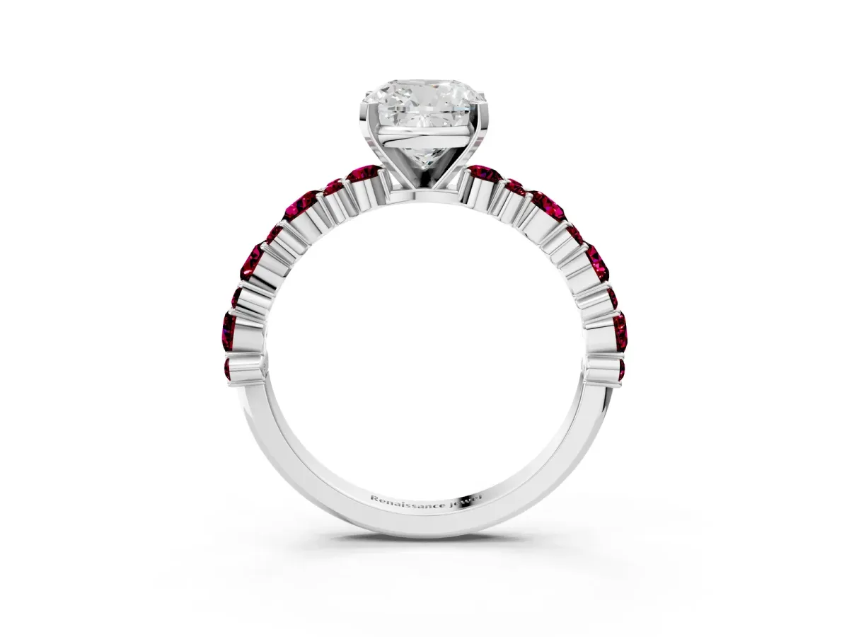 Cushion Cut Diamond Side Stone Solitaire Ring with Round Garnet and Four-Prong Setting Platinum