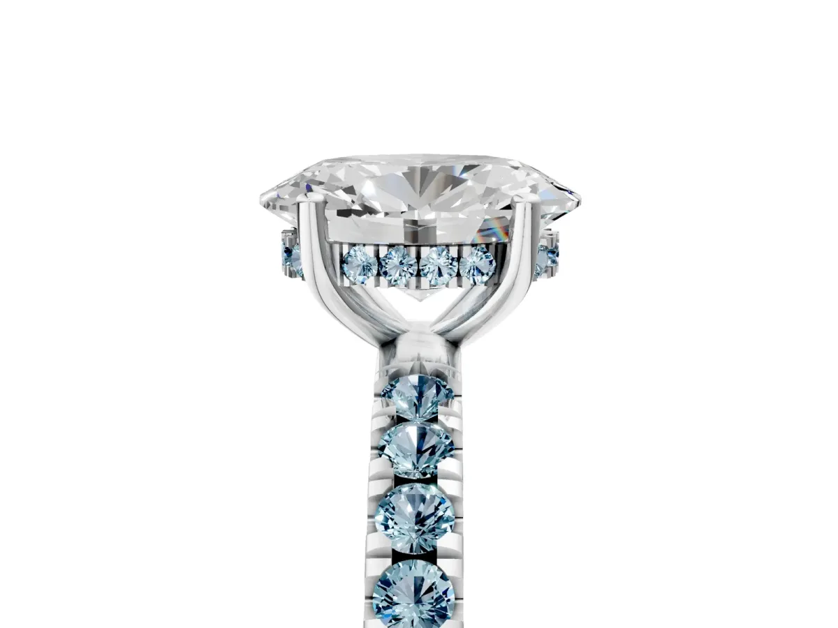 Oval Cut Diamond Pave Band Solitaire Ring with Round Aquamarine and Prong Setting Platinum