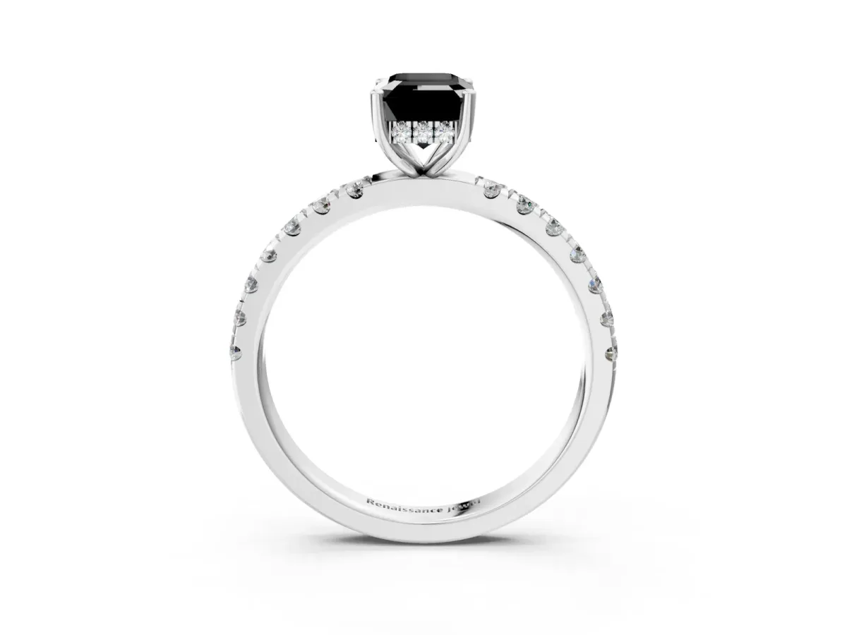Fancy Black Emerald Cut Diamond Pave Band Solitaire Ring with Round and Prong Setting White gold